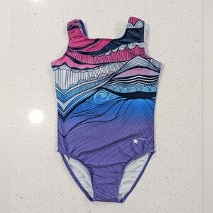 BEAUTIFUL Destira CM Medium Gymnastics Dance Leotard Purple Blue ARTWORK Swirls